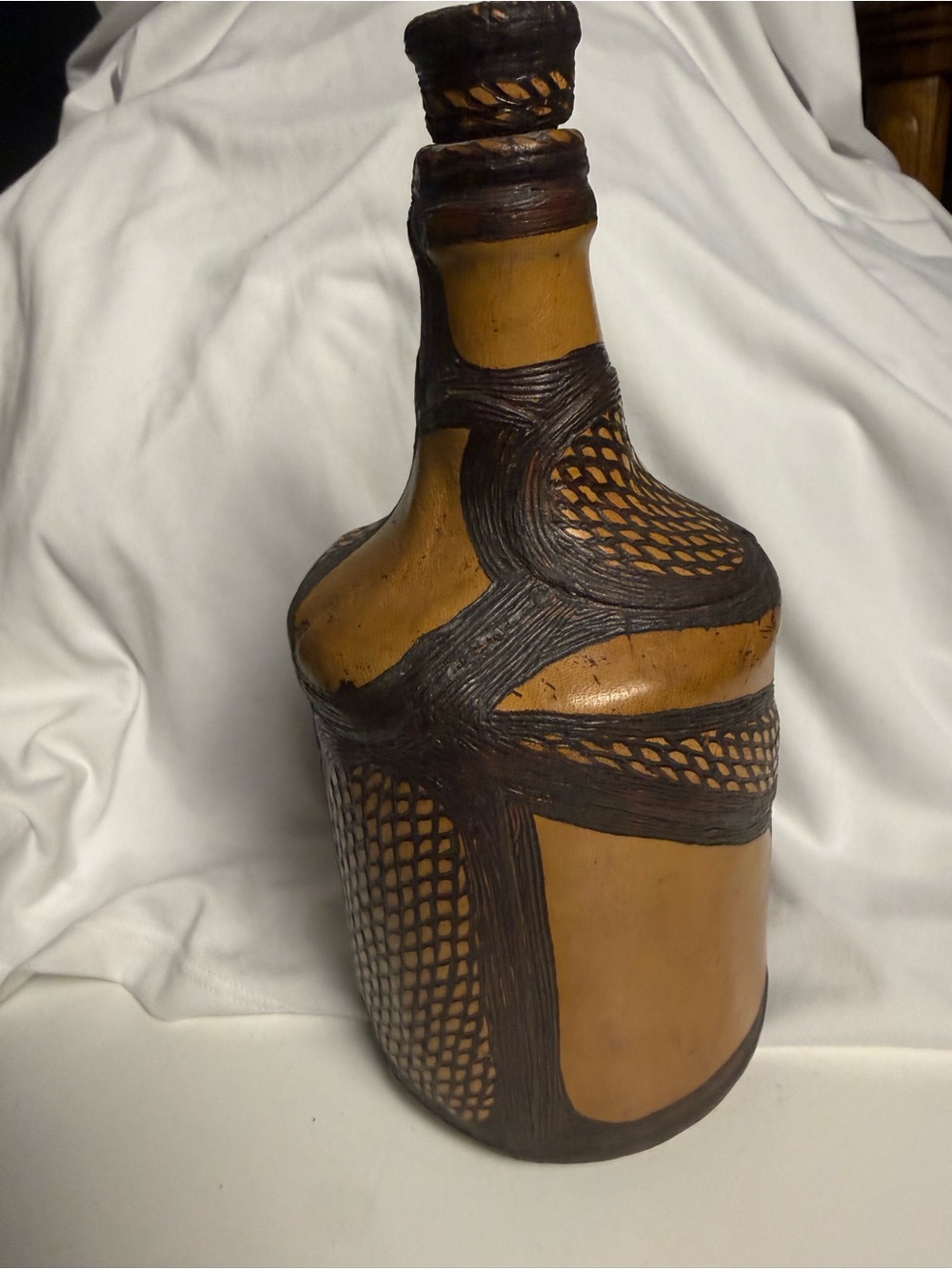 VTG Brazil 1986 leather wrapped decanter with embossed wine wicker Bottle pre-LV